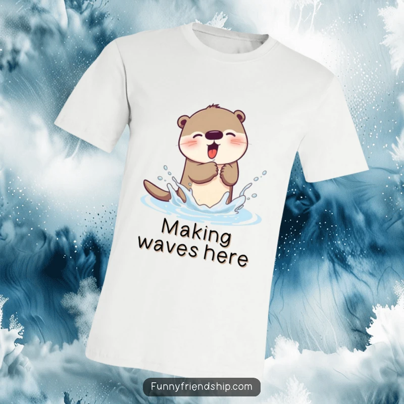 Funny otter t-shirt featuring a joyful otter character caught mid-splash, a delightful and humorous gift idea.