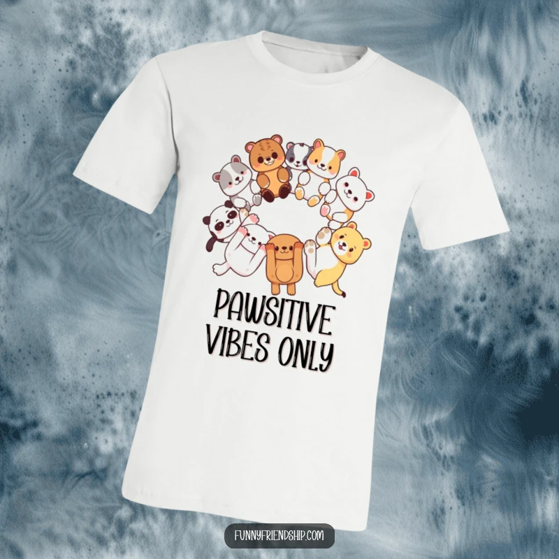 Funny t-shirt with diverse animal characters linking paws in a circle, showcasing friendship and unity, perfect for casual wear.