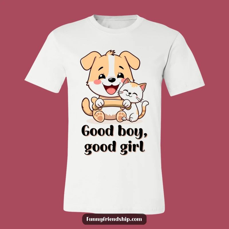 Funny Dog & Cat Bone Sharing T-Shirt - Amusing Pet Pals Tee