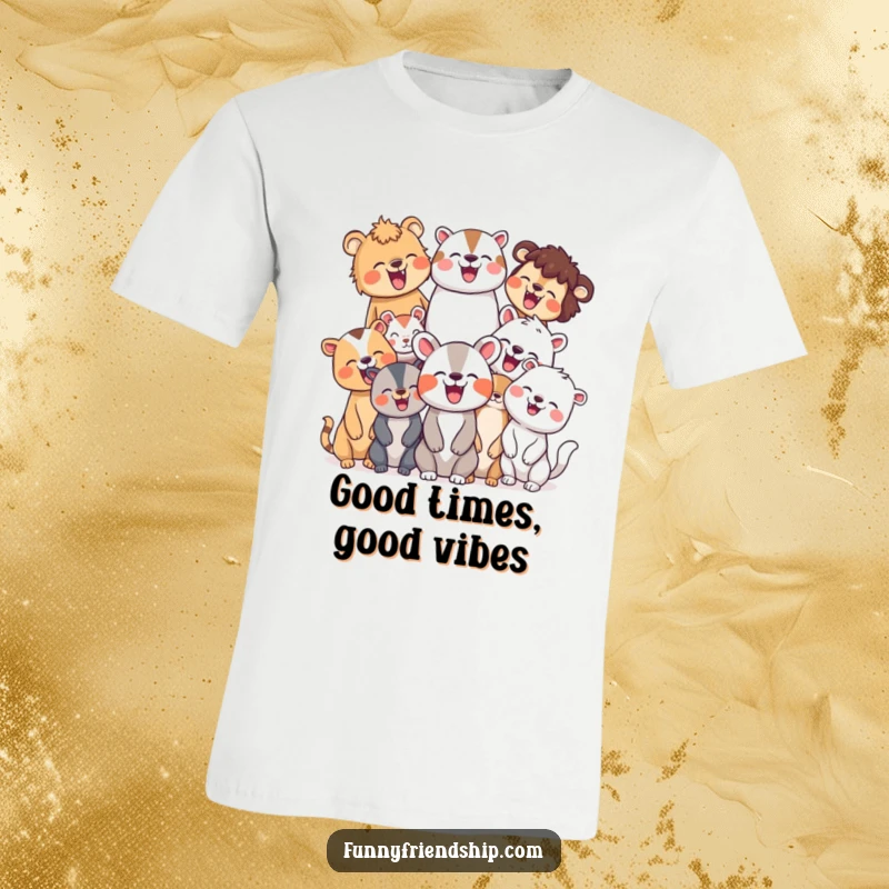 Funny t-shirt with a diverse collection of animal characters giggling together joyfully, highlighting themes of happiness, unity, and shared amusement.