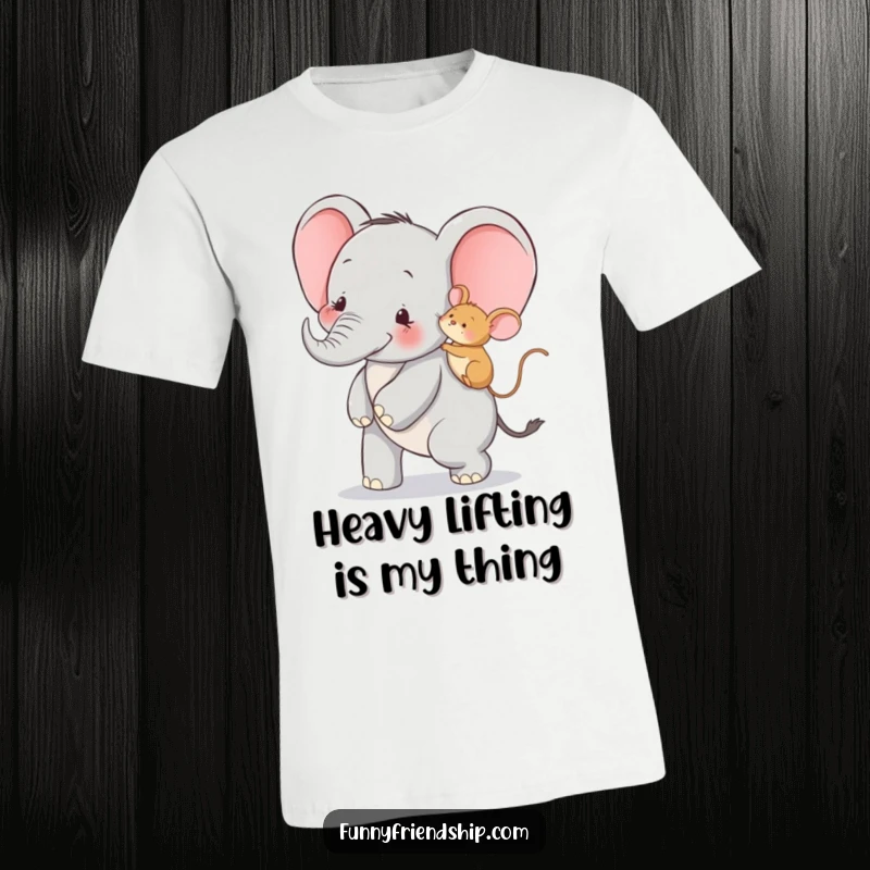Funny t-shirt with a happy elephant giving a mouse a piggyback ride, symbolizing mutual support and joy for gift-givers.