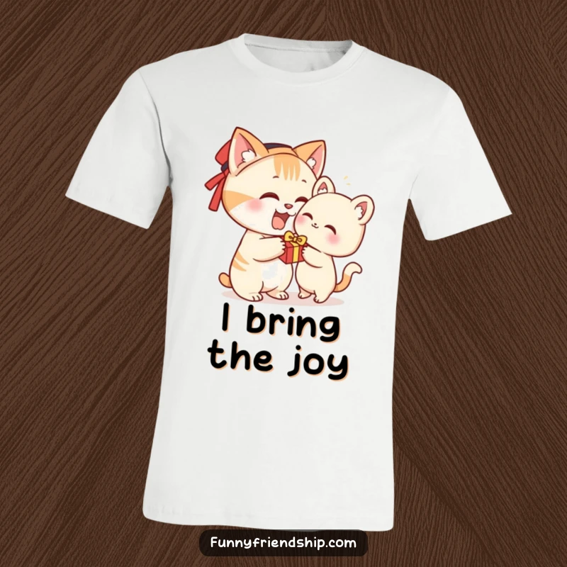 Funny t-shirt: a cat character enthusiastically presents a small, wrapped gift, radiating warmth and humor.