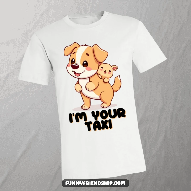 Funny t-shirt featuring a dog character happily giving a piggyback ride to a smaller friend, showcasing friendship.