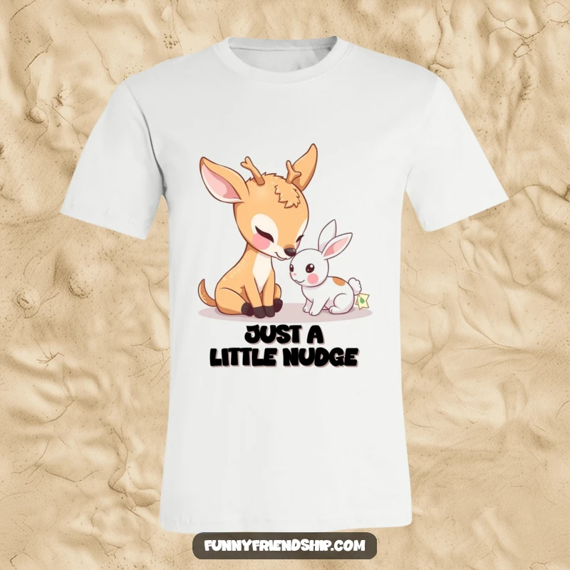 Funny t-shirt with a gentle deer character nuzzling a small rabbit, highlighting themes of kindness, friendship, and peaceful coexistence.