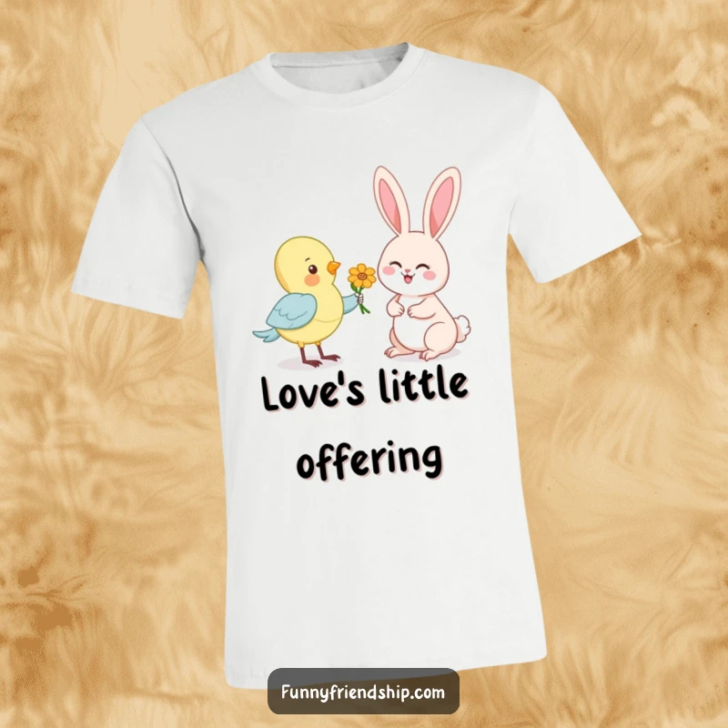 Funny t-shirt featuring a whimsical cartoon bird presenting a vibrant flower to a joyful, happy rabbit illustration.