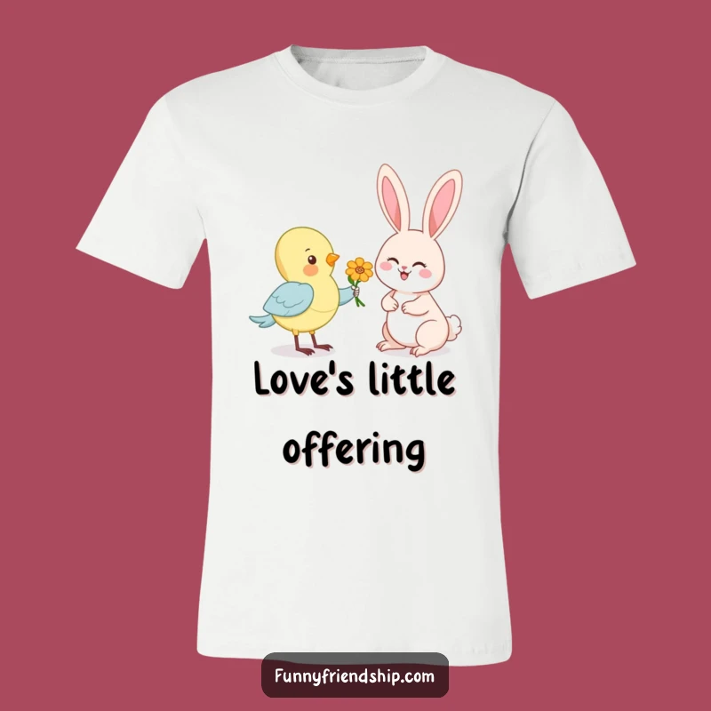 Funny Bird & Rabbit T-Shirt: Adorable Cartoon Offering Flower, Perfect Cute Animal Humor Gift