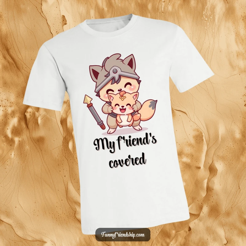 Funny t-shirt with a brave animal character protectively watching over a smaller friend, a symbol of strength and kindness.