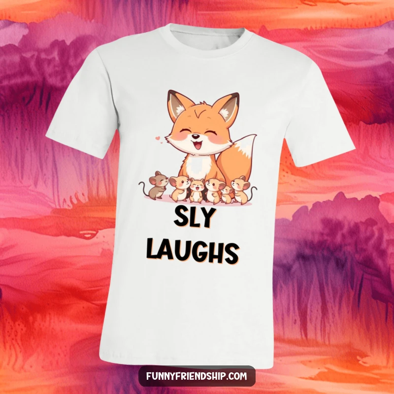 Funny t-shirt showing a cheerful fox character laughing heartily with a tiny group of happy mice, celebrating unlikely friendships.