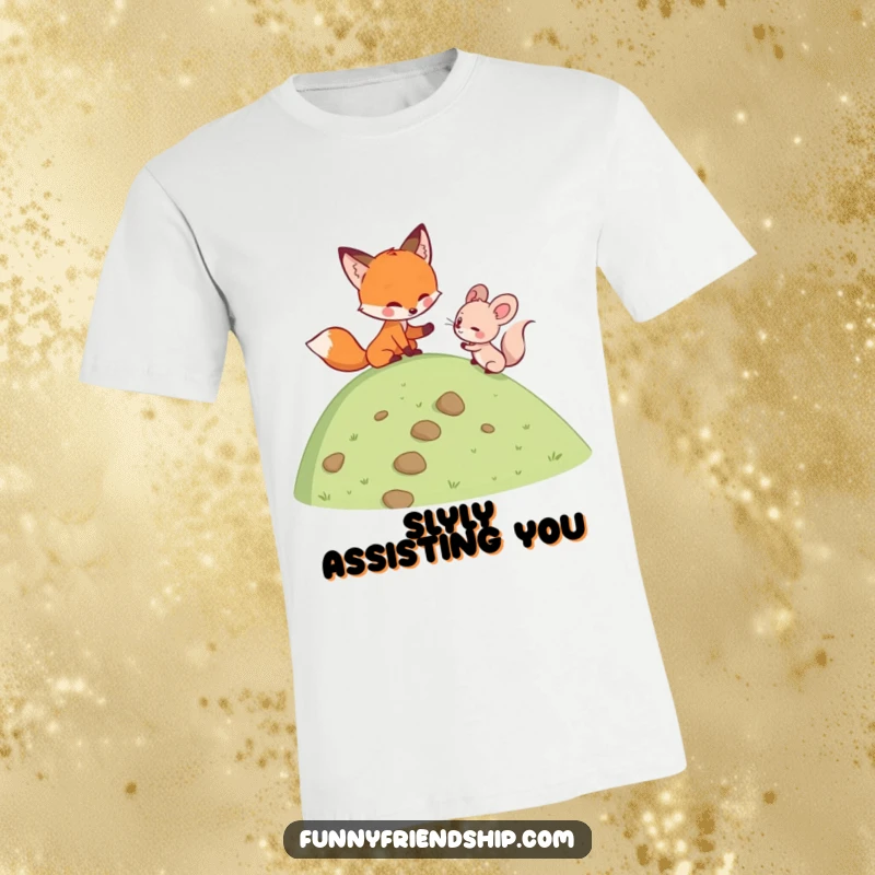 Funny fox helping a mouse climb a hill on a t-shirt, illustrating teamwork and friendship with a humorous adventure theme.