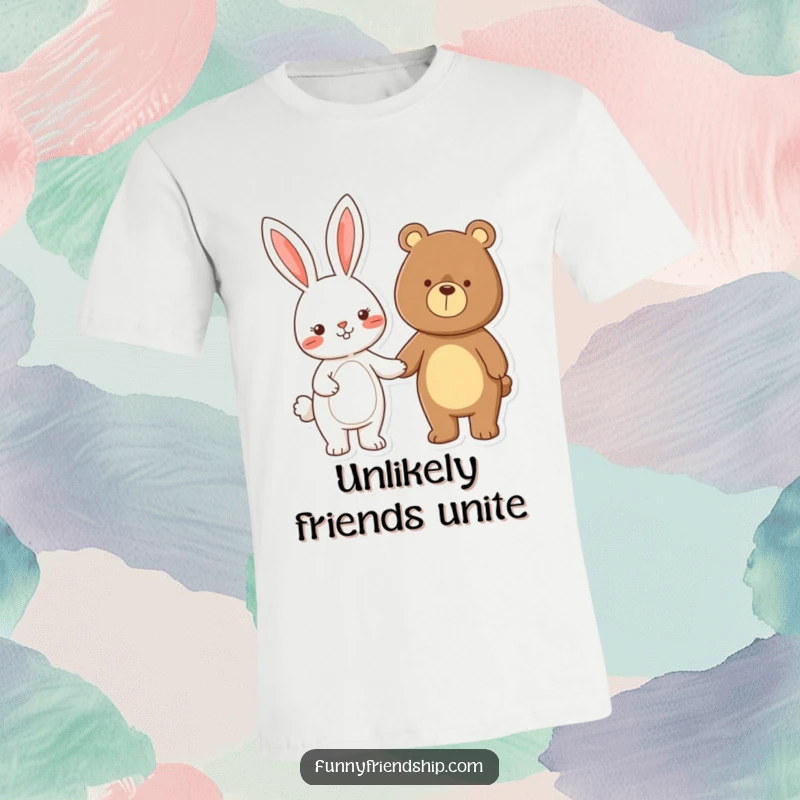Funny rabbit and bear characters holding hands, a sweet and humorous cartoon t-shirt representing unity and companionship.