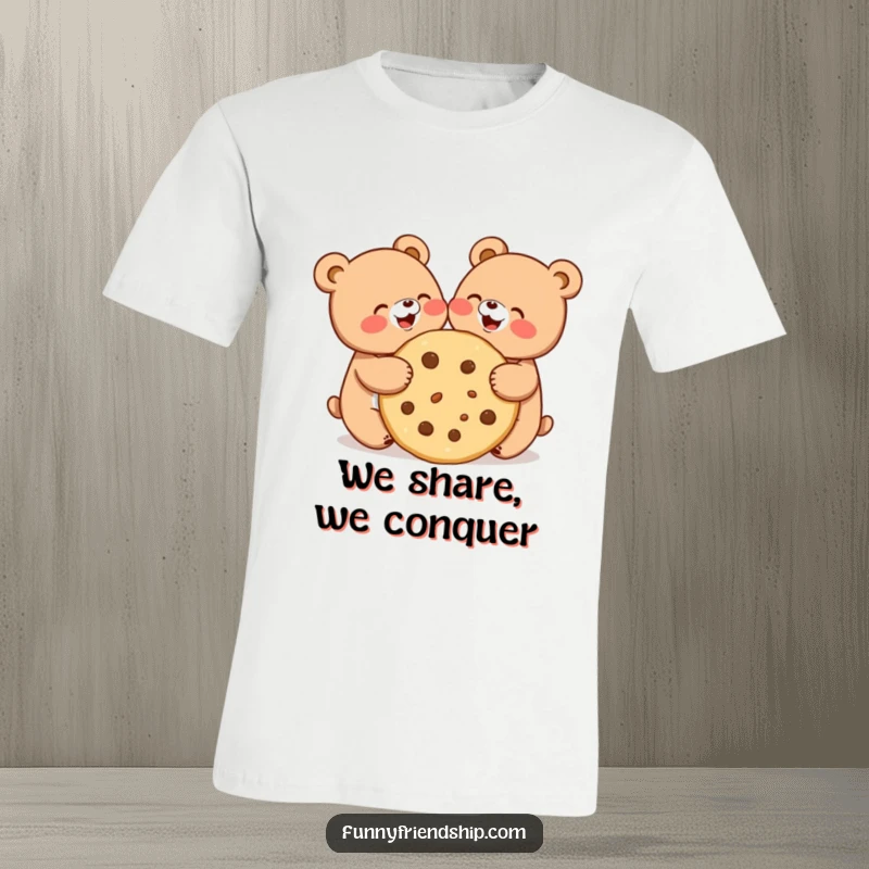 Funny t-shirt depicting two cute bears happily sharing a huge cookie, perfect for friends who love treats.