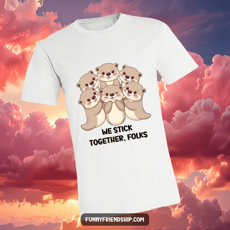 Funny playful otters holding paws in a circle t-shirt, a graphic tee celebrating unity and fun.