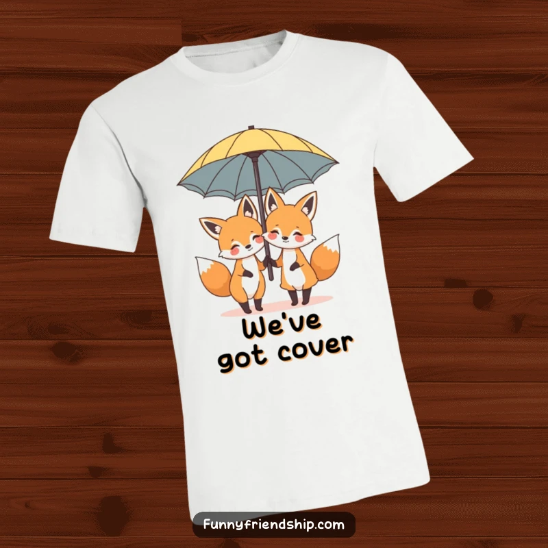 Funny t-shirt illustration of two cheerful cartoon foxes sharing a large umbrella, symbolizing friendship and humor.