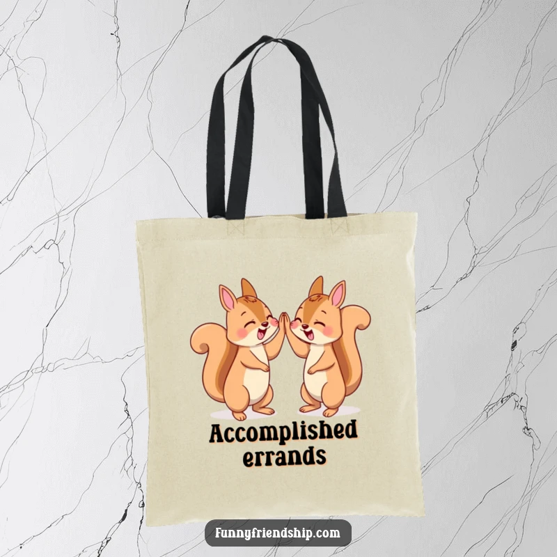 Funny tote bag featuring two squirrels celebrating with a high five, perfect for carrying goodies.