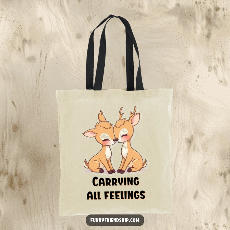 Adorable deer tote bag with two deer characters nuzzling affectionately, perfect for carrying essentials with romance.