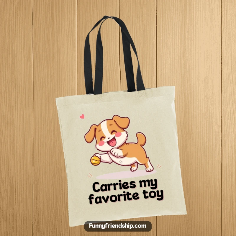 Funny dog character tote bag depicting a playful dog mid-fetch with a happy, cheering companion, great for outings.