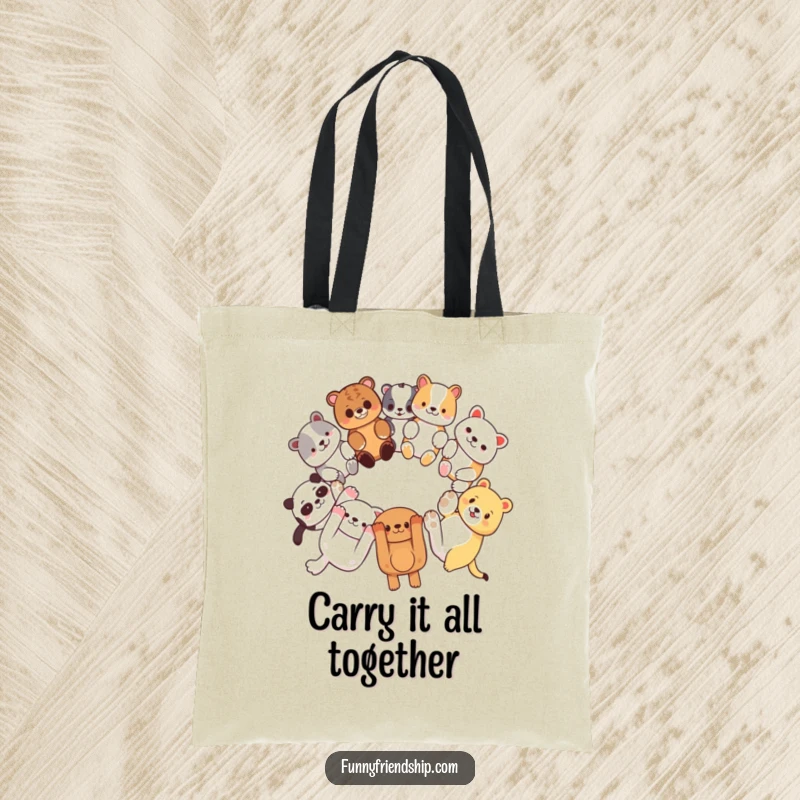Funny tote bag featuring diverse animal characters linking paws in a circle, symbolizing unity and friendship, perfect for shopping.