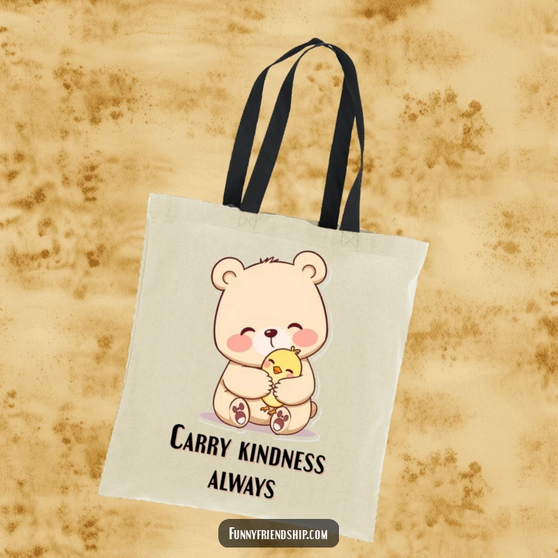 Funny tote bag showcasing a bear character embracing a little bird, symbolizing comfort and companionship. Ideal for daily use.