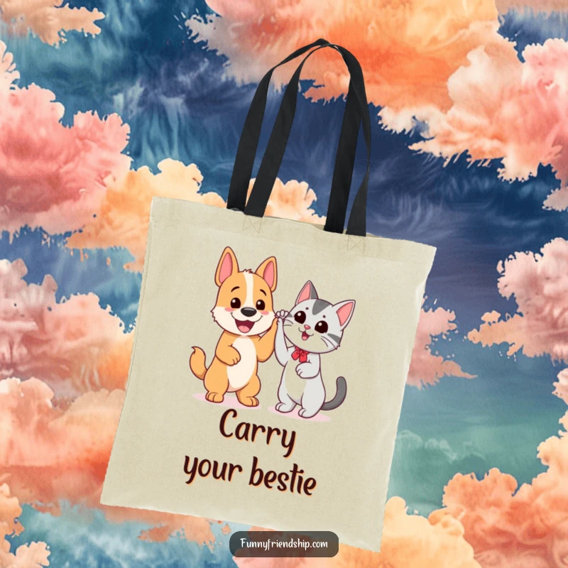 Funny tote bag with a cheerful dog and cat giving each other a high five, symbolizing interspecies friendship.