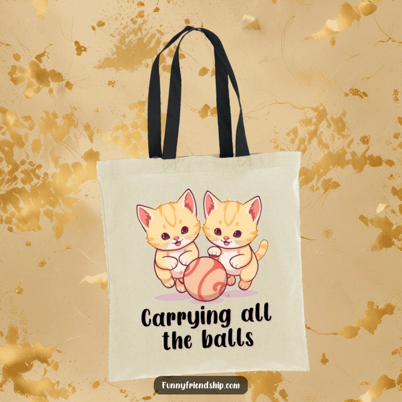 Funny tote bag with two energetic kittens playfully chasing a vibrant bouncing ball, perfect for errands and displaying a cheerful personality.