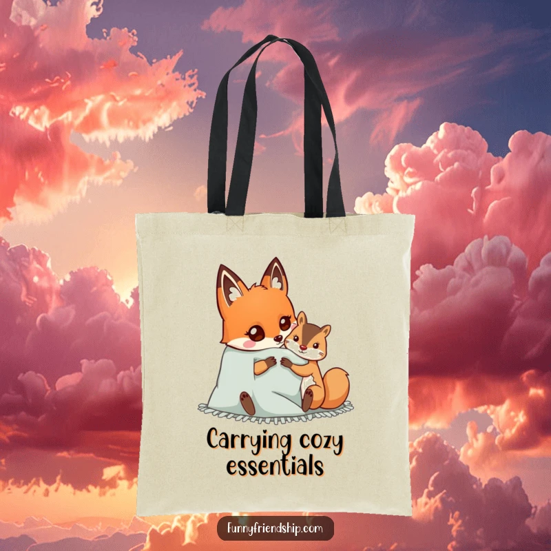Funny tote bag depicting a happy fox and squirrel sharing a cozy blanket, perfect for carrying essentials with a touch of warmth and friendship.