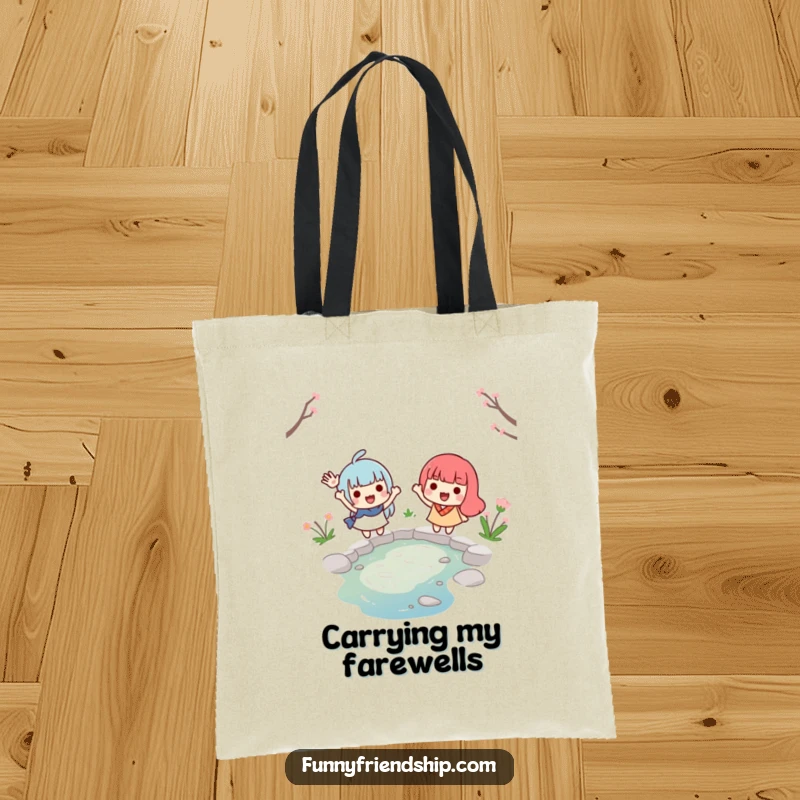 Funny tote bag depicting two smiling characters waving goodbye across a small stream, ideal for carrying essentials and remembering friendships.