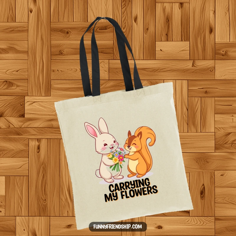 Funny tote bag with a playful rabbit offering a bouquet of flowers to a squirrel, ideal for shopping and carrying everyday items.