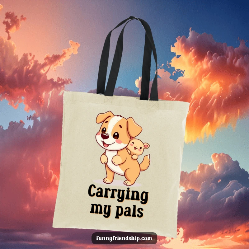 Funny tote bag featuring a dog character giving a piggyback ride, great for errands and pet enthusiasts.