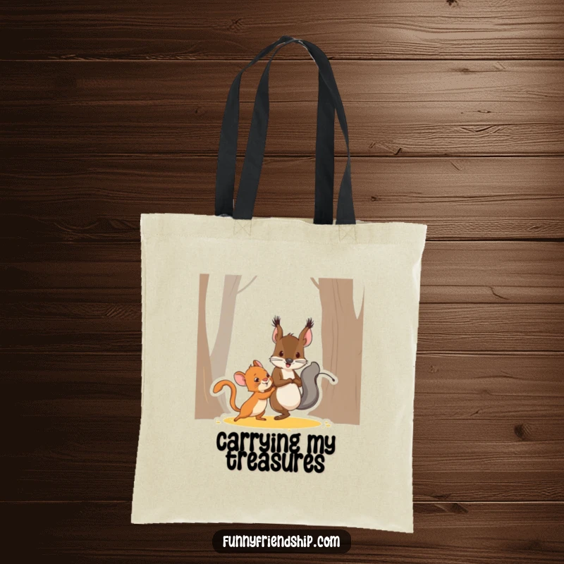 Funny squirrel and mouse characters playing tag, a humorous and practical cartoon tote bag for carrying daily items.