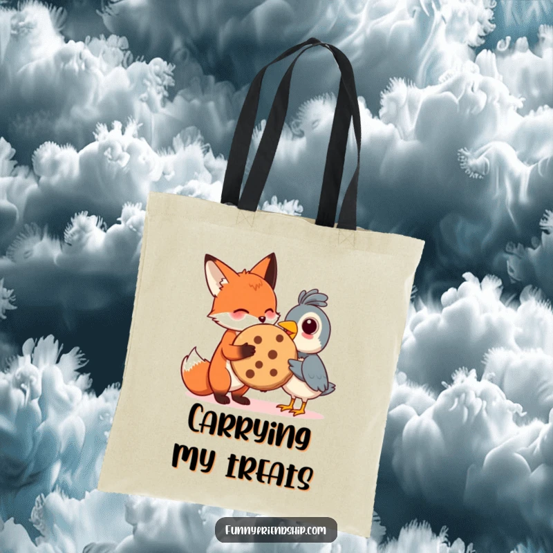 Funny tote bag featuring a fox sharing a cookie with a bird, perfect for carrying items with a sweet and humorous theme.