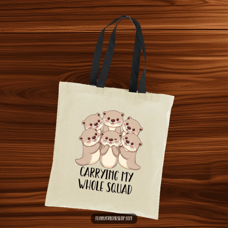 Funny otter tote bag with playful otters holding paws in a circle, a charming and practical accessory.
