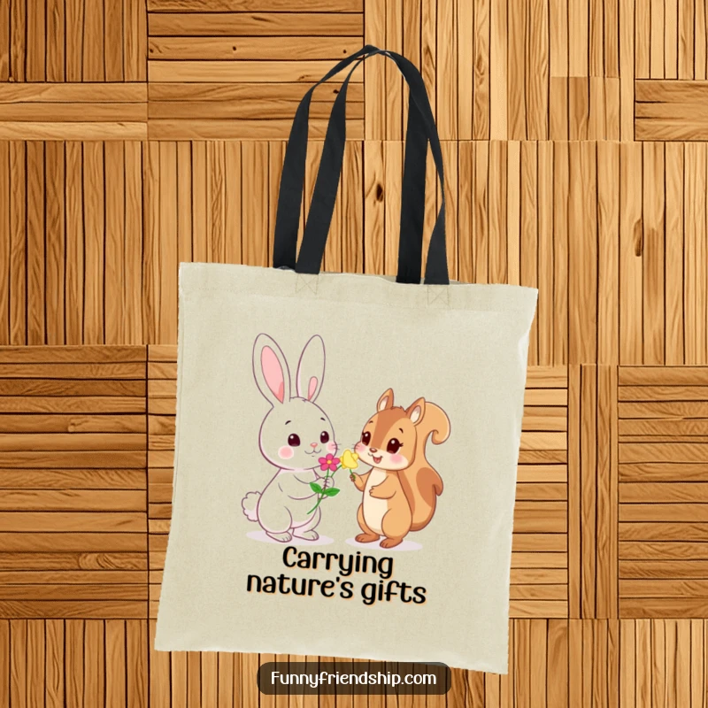 Funny Tote Bag: Playful rabbit character offering a flower to a shy squirrel character, a humorous and charming accessory.
