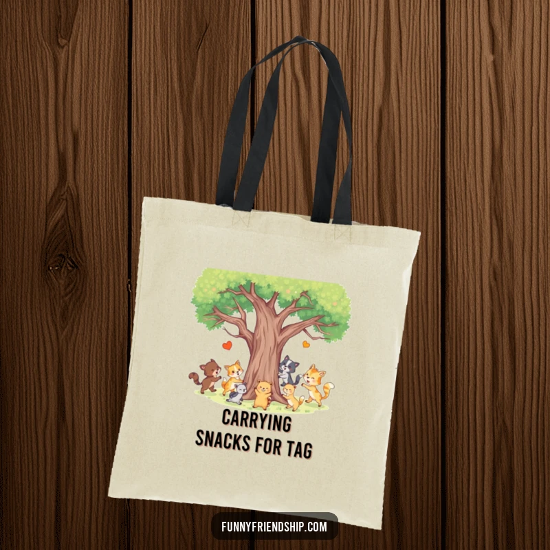 Funny Animal Tag Tote Bag displaying happy animals playing tag around a tree, perfect for carrying essentials with a cheerful and playful vibe.