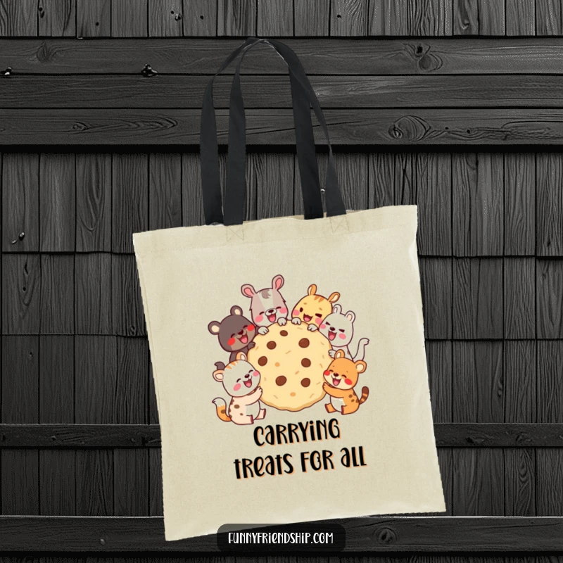 Funny Tote Bag with diverse animals sharing a giant cookie and laughing, perfect for carrying treats and daily items with charm.
