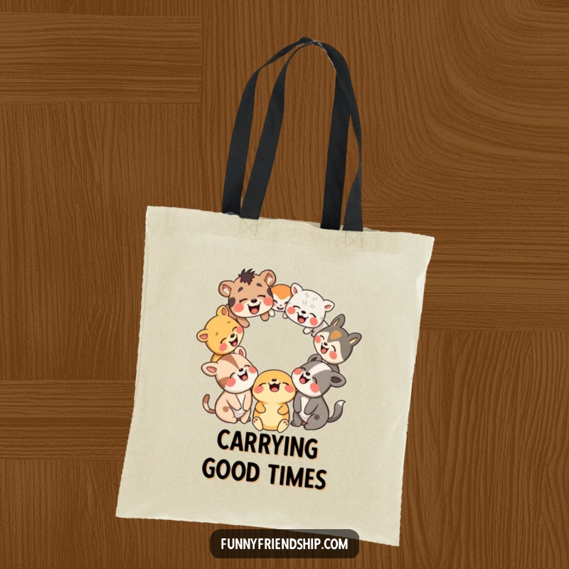 Funny tote bag depicted with a circle of animals in fits of laughter. Great for shopping and daily use.