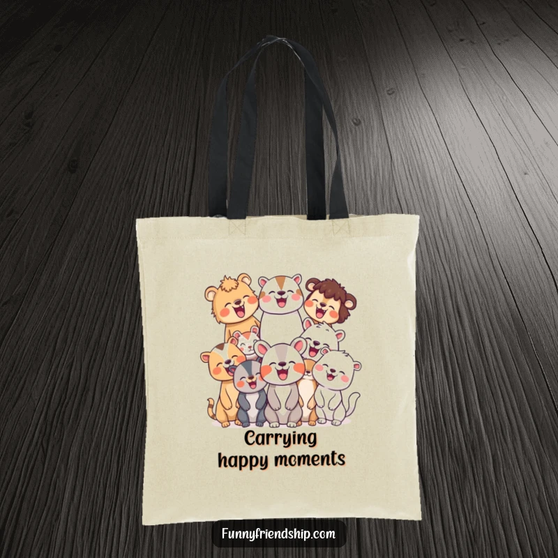 Funny tote bag depicting a diverse group of animal characters laughing together joyfully, ideal for carrying essentials with a dose of cheer.