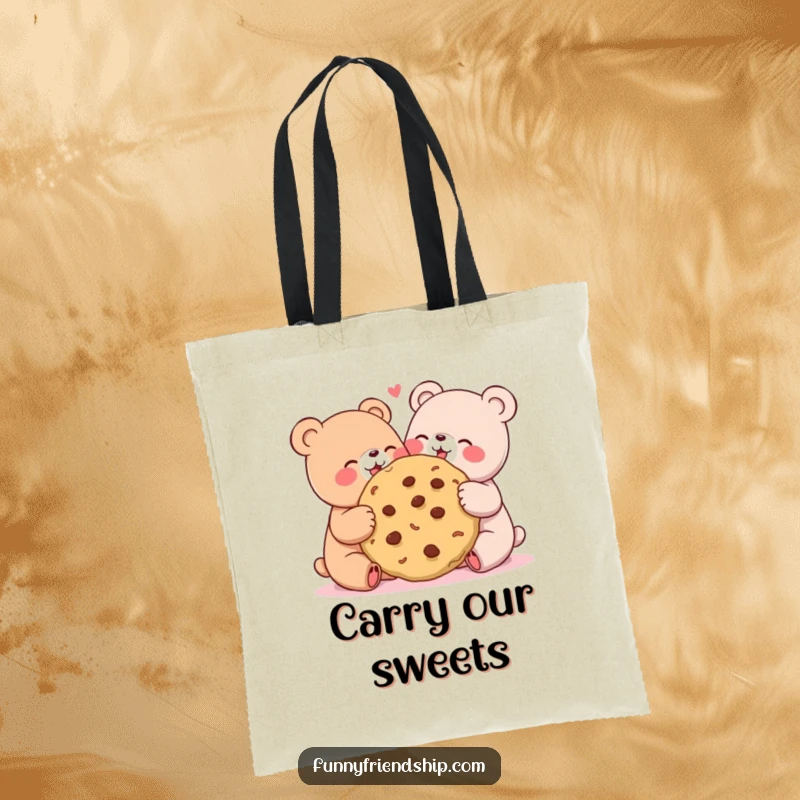 Funny tote bag with two cute bears sharing a giant cookie, perfect for carrying happy memories.