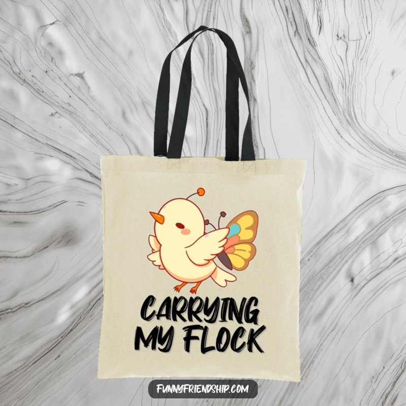 Funny Bird and Butterfly Tote Bag: A durable tote showcasing a happy bird and butterfly soaring through the sky. A lovely funny gift.