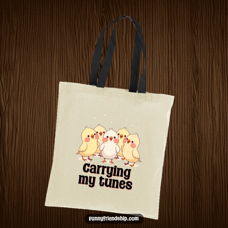 Funny bird characters forming a choir, singing together, a humorous and practical cartoon tote bag for carrying daily items.