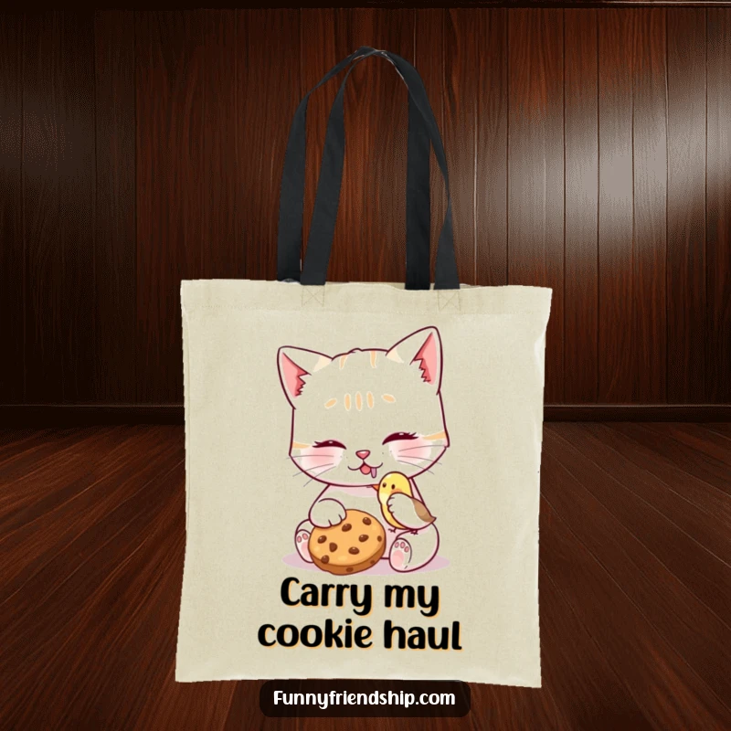 Funny Cat Bird Cookie Tote Bag displaying a cat character sharing a cookie with a tiny bird, perfect for carrying essentials with a message of kindness.