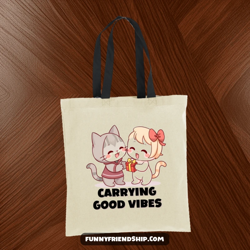 Funny tote bag with a cat enthusiastically offering a small gift, perfect for carrying thoughtful surprises.