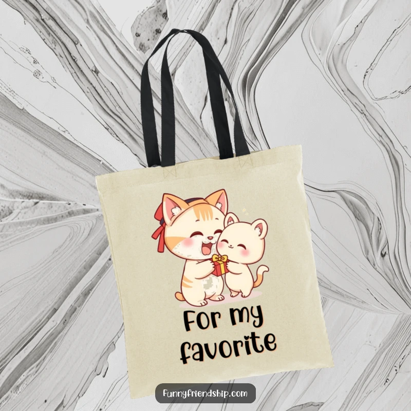 Funny tote bag showcasing a cat character enthusiastically giving a small gift, great for errands and smiles.