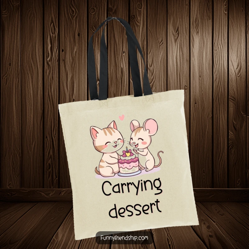 Funny tote bag illustration of a cat and mouse smiling while sharing a small cake, symbolizing friendship.