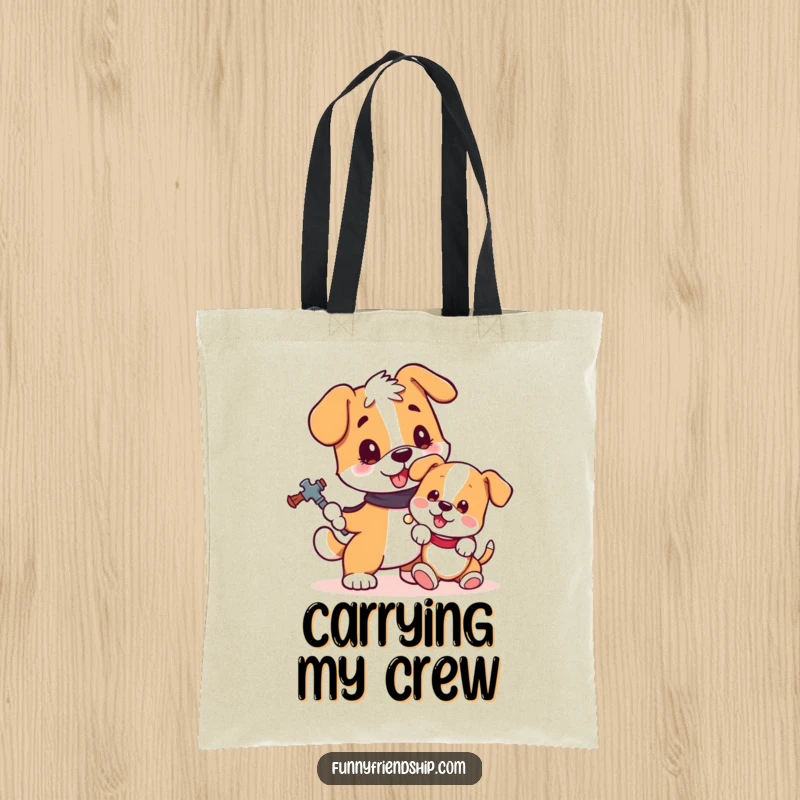 Funny dog tote bag depicting a steadfast dog safeguarding a small, frolicking puppy, highlighting loyalty and humor.