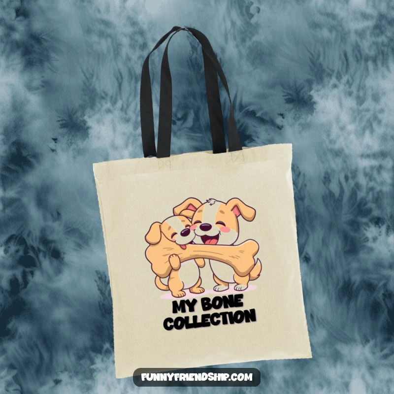 Funny tote bag featuring two dogs, one enthusiastically sharing a large bone with another, great for shopping and dog walks.
