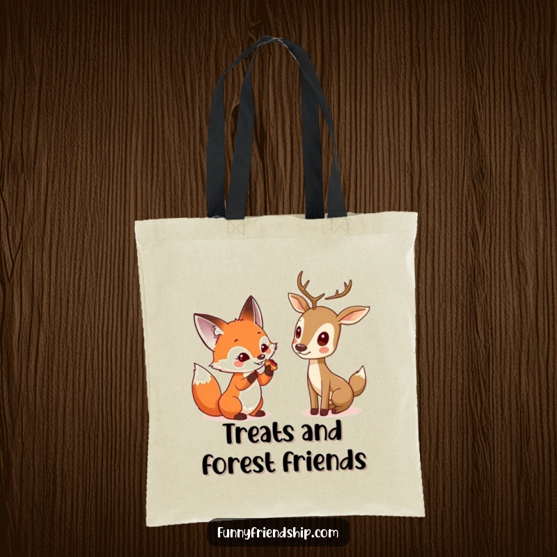 Funny tote bag with a curious fox sharing a treat with a shy deer, perfect for carrying essentials with a touch of woodland friendship.