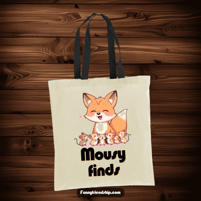 Funny tote bag showcasing a happy fox character laughing alongside a group of small, cheerful mice, perfect for everyday use.