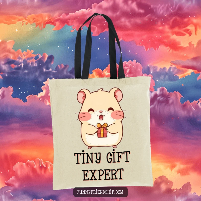 Funny hamster tote bag featuring a happy hamster offering a tiny gift, perfect for carrying essentials with a humorous touch.