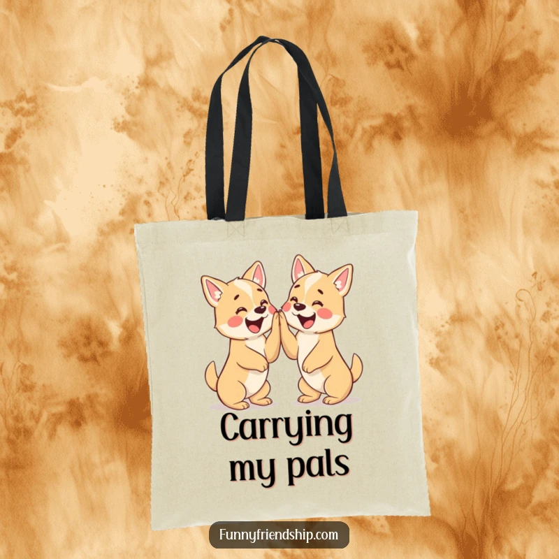 Funny tote bag with illustration of two excited dog characters giving each other a high five, symbolizing teamwork.