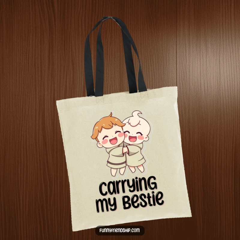 Funny tote bag with happy characters hugging, symbolizing love and joy for carrying daily essentials.